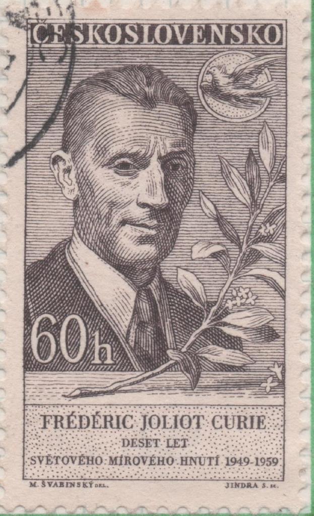 Sello E00902: hoja 61, Checoslovaquia: Sello Gris dentado. 10 Aniv. Congreso Mundial de la Paz. F. Joliot-Curie, Cientifico, 60 Haleru