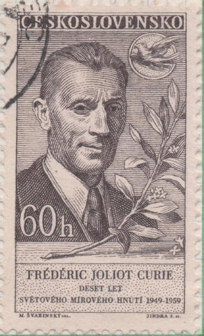 Sello E00902: hoja 61, Checoslovaquia: Sello Gris dentado. 10 Aniv. Congreso Mundial de la Paz. F. Joliot-Curie, Cientifico, 60 Haleru
