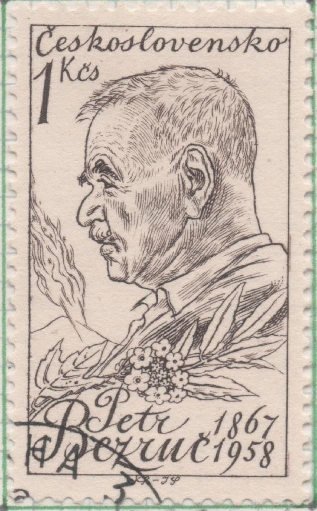 Sello E00898: hoja 60, Checoslovaquia: Sello Blanco y gris dentado. Aniversarios Culturales. Petr Bezruc, Poeta, 1 Koruna