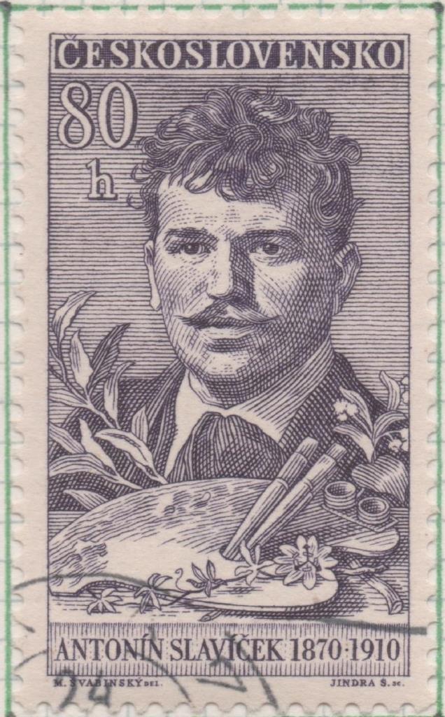 Sello E00897: hoja 60, Checoslovaquia: Sello Gris oscuro dentado. Aniversarios Culturales. Antonin Slavicek, Pintor, 80 Haleru