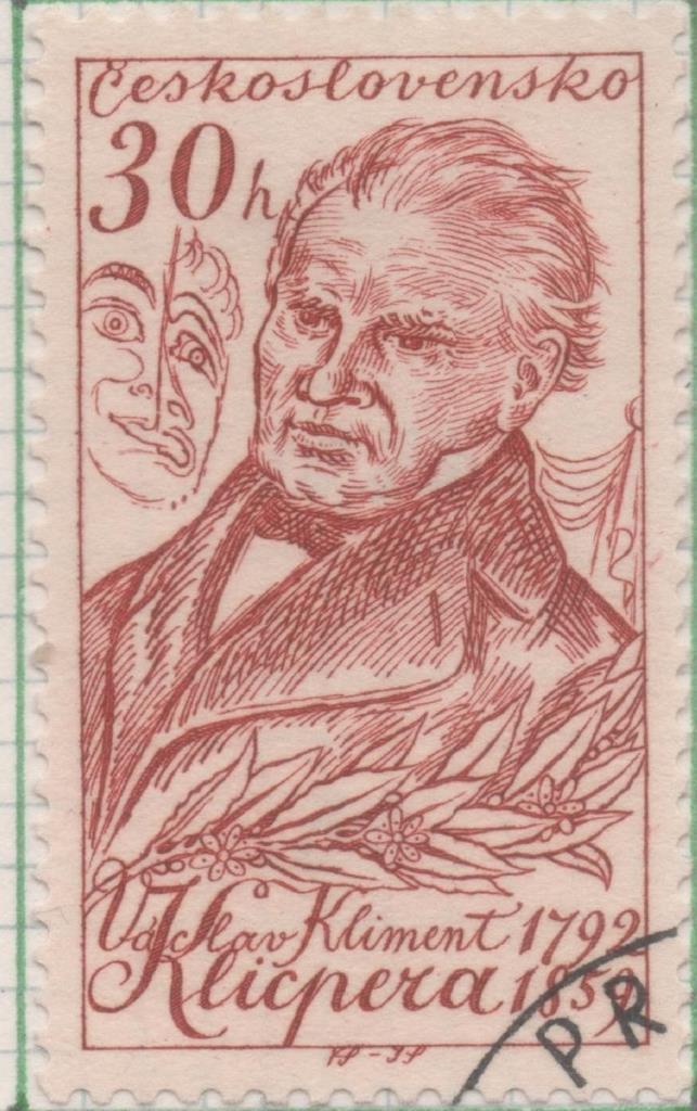 Sello E00894: hoja 60, Checoslovaquia: Sello Marron rojizo dentado. Aniverarios Culturales. Vaclav Klicpera, Drmaturgo, 30 Hleru