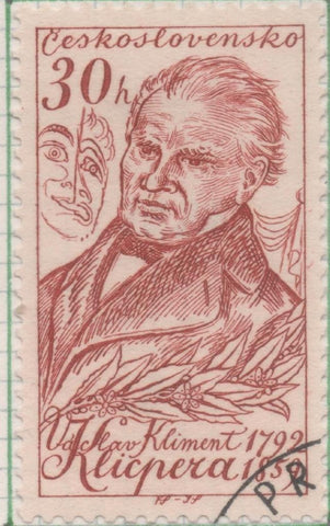 Sello E00894: hoja 60, Checoslovaquia: Sello Marron rojizo dentado. Aniverarios Culturales. Vaclav Klicpera, Drmaturgo, 30 Hleru