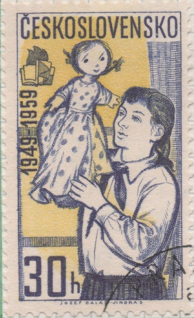 Sello E00886: hoja 60, Checoslovaquia: Sello Amarillo y azul dentado. 10º Aniv. Organización jovenes pioneros. Niña con muñeca, 30 Haleru