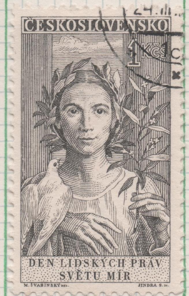 Sello E00884: hoja 59, Checoslovaquia: Sello Marron oscuro dentado. 10º Aniversario Declaración Derechos Humanos, 1 Koruna