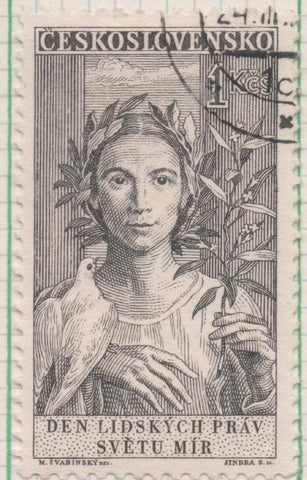 Sello E00884: hoja 59, Checoslovaquia: Sello Marron oscuro dentado. 10º Aniversario Declaración Derechos Humanos, 1 Koruna