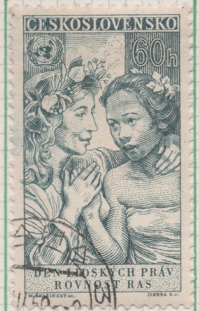 Sello E00883: hoja 59, Checoslovaquia: Sello Verde oscuro dentado. 10º Aniv. Declaración Derechos Humanos, 60 Haleru