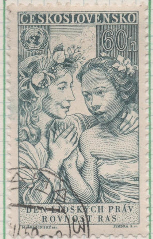 Sello E00883: hoja 59, Checoslovaquia: Sello Verde oscuro dentado. 10º Aniv. Declaración Derechos Humanos, 60 Haleru