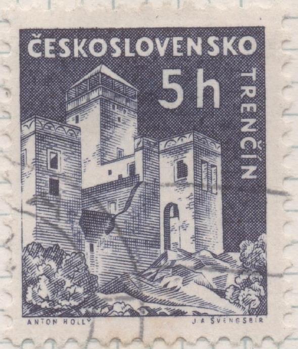 Sello E00942: hoja 64, Checoslovaquia: Sello  Azul oscuro dentado. Castillos diversos. Trencin Castle, 5 Haleru