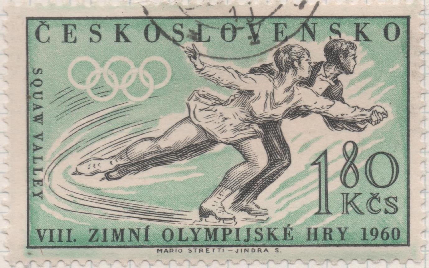Sello E00941: hoja 63, Checoslovaquia: Sello Verde y negro dentado. 8 Juegos Olimpicos de Invierno de Squaw Valley, 1,80 Koruna