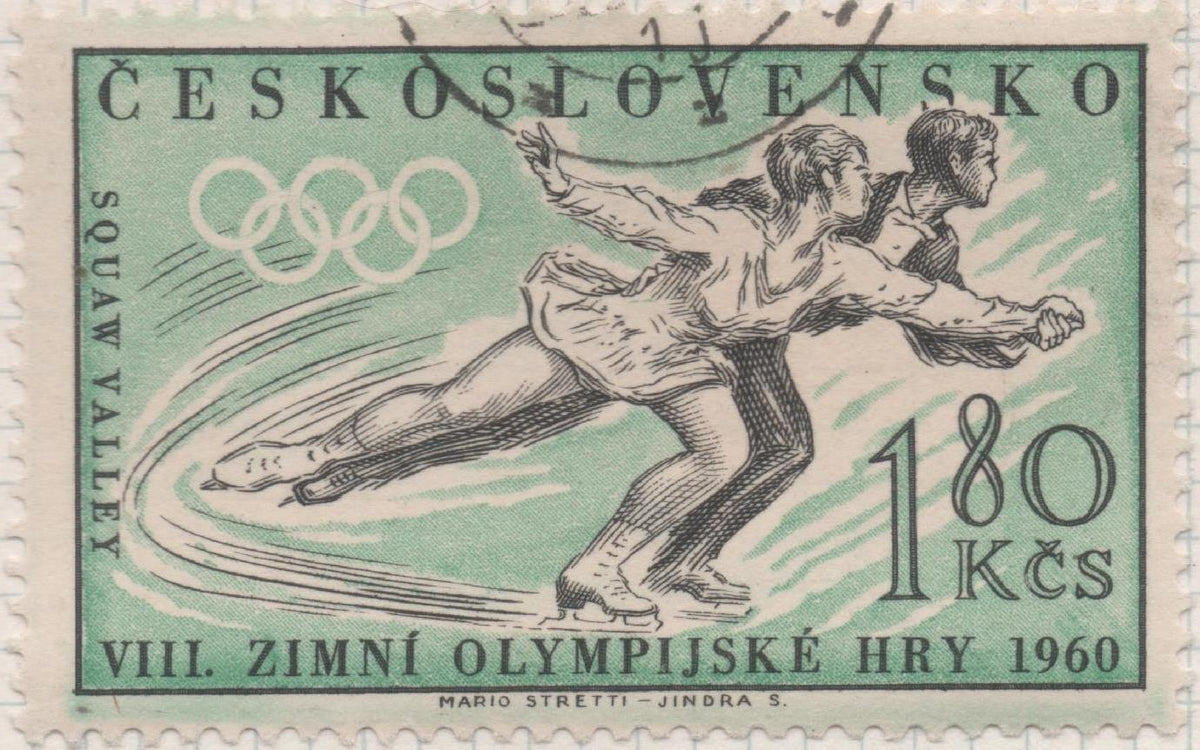 Sello E00941: hoja 63, Checoslovaquia: Sello Verde y negro dentado. 8 Juegos Olimpicos de Invierno de Squaw Valley, 1,80 Koruna