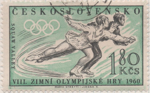 Sello E00941: hoja 63, Checoslovaquia: Sello Verde y negro dentado. 8 Juegos Olimpicos de Invierno de Squaw Valley, 1,80 Koruna