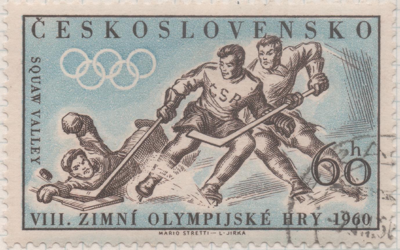 Sello E00940: hoja 63, Checoslovaquia: Sello Azul y Negro dentado. 8 Juegos Olimpicos de Invierno de Squa Valley. Hockey Hielo, 60 Haleru