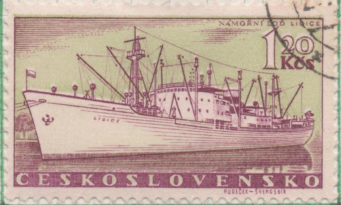 Sello E00939: hoja 63, Checoslovaquia: Sello Verde y granate dentado. Barco y embarcaciones. Cargo ship “Lidice”, 1,20 Koruna