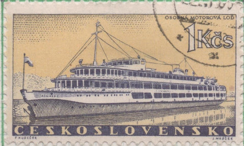 Sello E00938: hoja 63, Checoslovaquia: Sello Amarillo y azul dentado. Barcos y Embarcaciones. Komano Tourist steamer, 1 Koruna