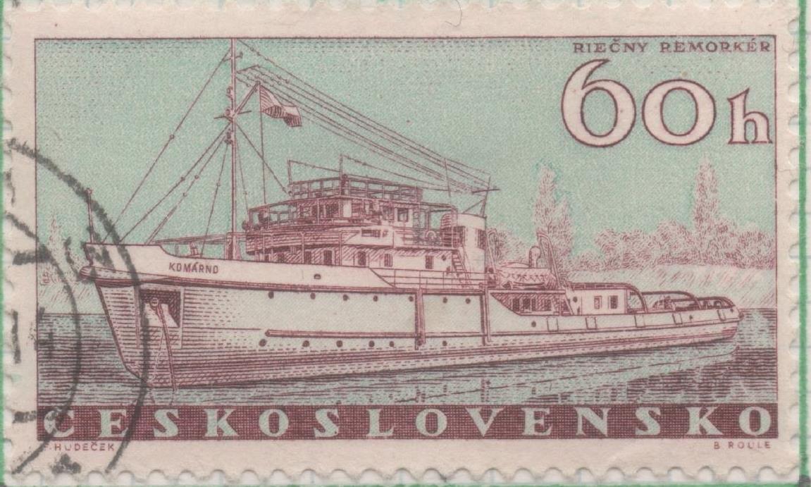 Sello E00937: hoja 63, Checoslovaquia: Sello Azul y lila dentado. Barcos y Embarcaciones. River tug "Komárno", 60 Haleru