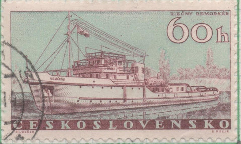 Sello E00937: hoja 63, Checoslovaquia: Sello Azul y lila dentado. Barcos y Embarcaciones. River tug "Komárno", 60 Haleru