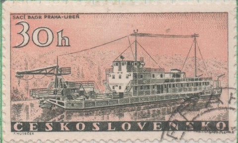 Sello E00936: hoja 63, Chescolovaquia: Sello Naranja y verde dentado. Barcos y Embarcaciones. River Dredge Boat "Praha Liben", 30 Haleru