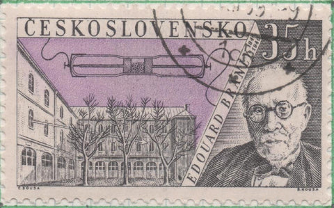 Sello E00931: hoja 63, Checoslovaquia: Sello Lila y negro dentado. Inventores de la Radio y Telégrafo. Eduard Branly, 35 Haleru 