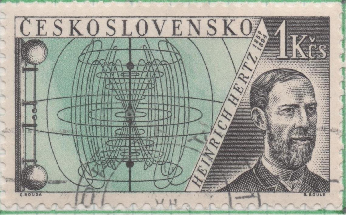 Sello E00930: hoja 63, Checoslovaquia: Sello Verde y negro dentado. Inventores de la Radio y Telégrafo. Heinrich Hertz, 1 Koruna 