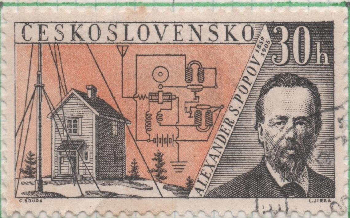 Sello E00929: hoja 63, Checoslovaquia: Sello Naranja y negro dentado. Inventores de la Radio y Telégrafo. Alexander S. Popovl, 30 Haleru
