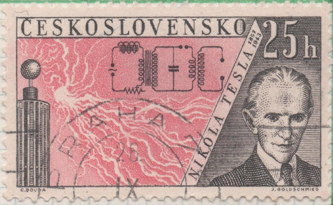 Sello E00927: hoja 63, Checoslovaquia: Sello Rosa y gris dentado. Inventores de la Radio y Telégrafo. Nikola Tesla, 25 Haleru