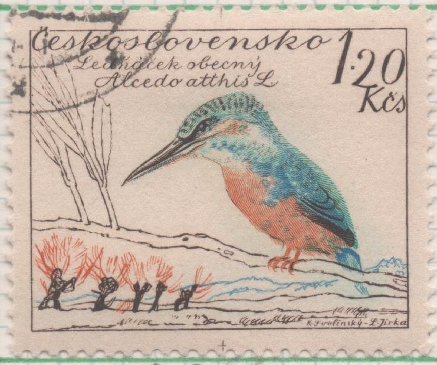 Sello E00926: hoja 62, Checoslovaquia: Sello Multicolor dentado. Pajaros. Alcedo atthis, 1,20 Koruna