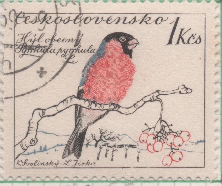 Sello E00925: Hoja 62, Checoslovaquia: Sello Multicolor dentado. Pajaros. Pyrrhula pyrrhula, 1 Koruna