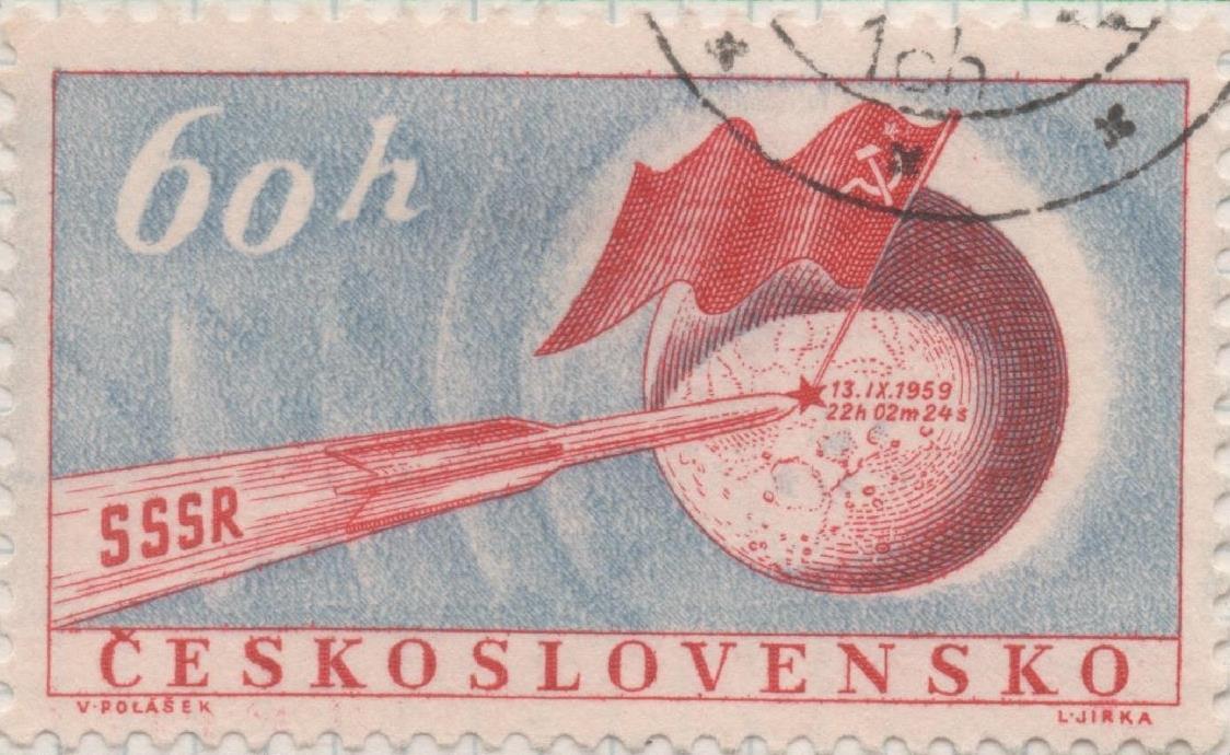 Sello E00918: hoja 62, Checoslovaquia: Sello Azul y rojo dentado. Lunik II, 60 Haleru
