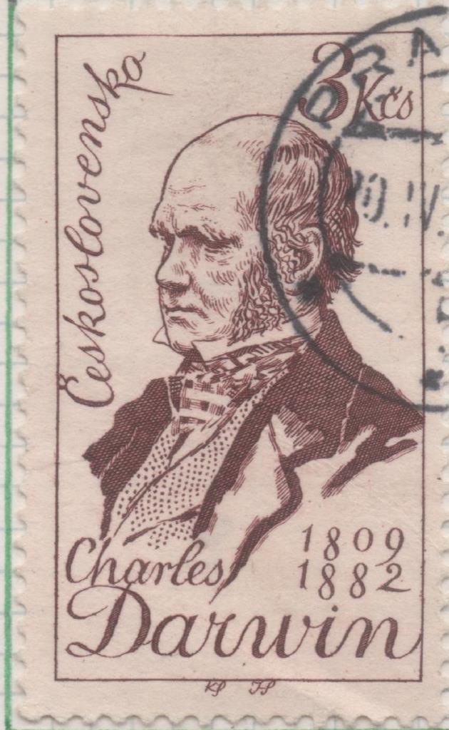 Sello E00917: hoja 62, Checoslovaquia: Sello Beig y marron dentado. Charles Darwin, 3 Koruny