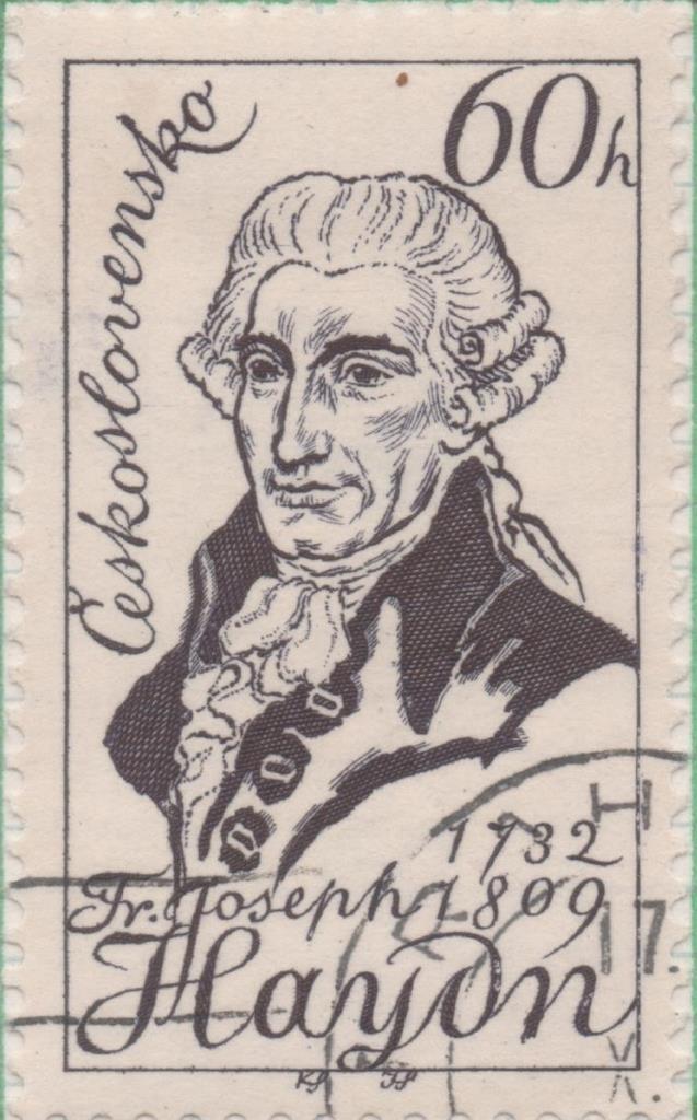 Sello E00916: hoja 62, Checoslovaquia: sello Blanco y negro dentado. Joseph Haydn, 60 Haleru