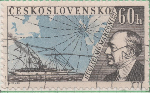 Sello E00928: hoja 63, Checoslovaquia: Sello Azul y negor dentado. Inventores de la Radio y Telégrafo. Guglielmo Marconi, 60 Haleru