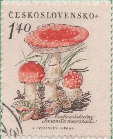 Sello E00879: hoja 59, Checoslovaquia: Sello Multicolor dentado. Setas. Amanita muscaria, 1,40 Koruna