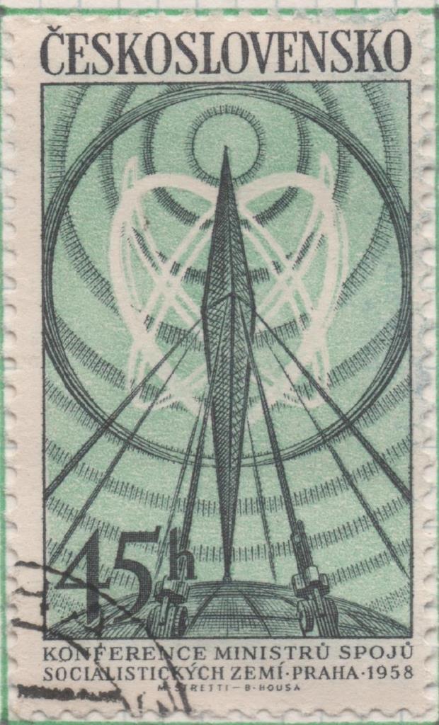 Sello E00839: hoja 57, Checoslovaquia: Sello Verde dentado. Conf. Ninisterio de comunicaciones Radio trnsmisor, 45 Haleru
