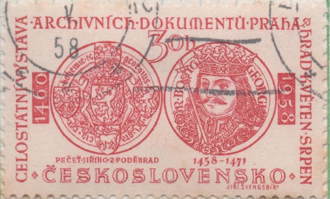 Sello E00833: hoja 56, Checoslovaquia: Sello Rojo oscuro dentado. Exp de Archivos Nacionales en  Praga, 30 Haleru