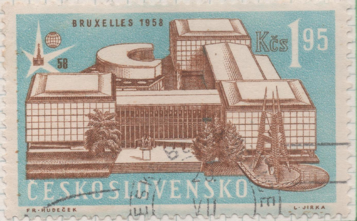 Sello E00832: hoja 56, Checoslovaquia: Sello Azul y marron clro dentado. Exp. Internacional de Bruselas. Pabellón Checoslovaco, 1,95 Koruna