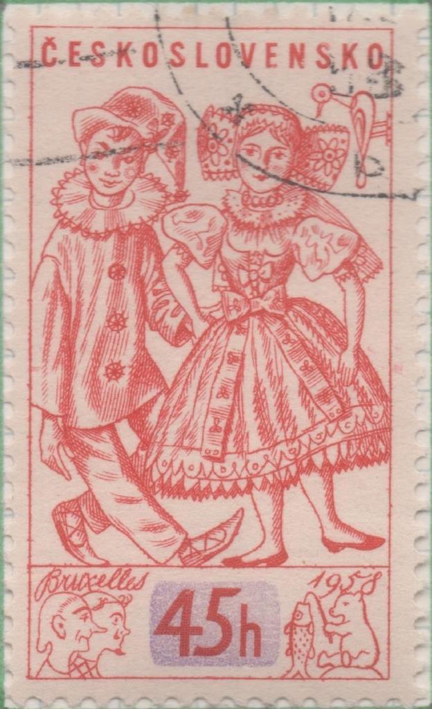 Sello E00828: hoja 56, Checoslovaquia: Sello Rojo claro dentado. Exp. Internacional de Bruselas. Muñecos de juguete, 45 Haleru