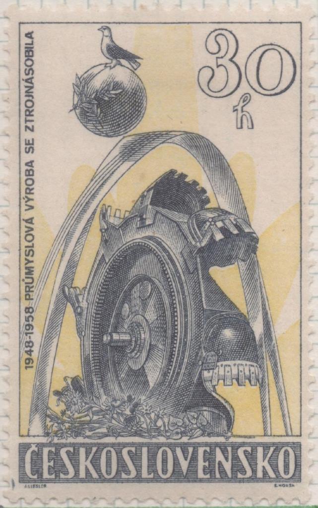 Sello E00824: hoja 56, Checoslovaquia: Sello Azul y amarillo dentado. 10º Aniv del Febrero Victorioso, 30 Haleru