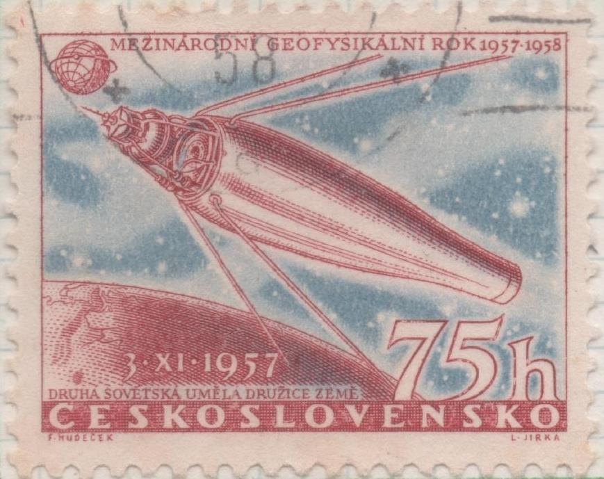 Sello E00813: hoja 55, Checoslovaquia: Sello Granate y azul dentado. Año Geofísico Internacional, 75 Haleru