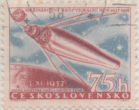 Sello E00813: hoja 55, Checoslovaquia: Sello Granate y azul dentado. Año Geofísico Internacional, 75 Haleru