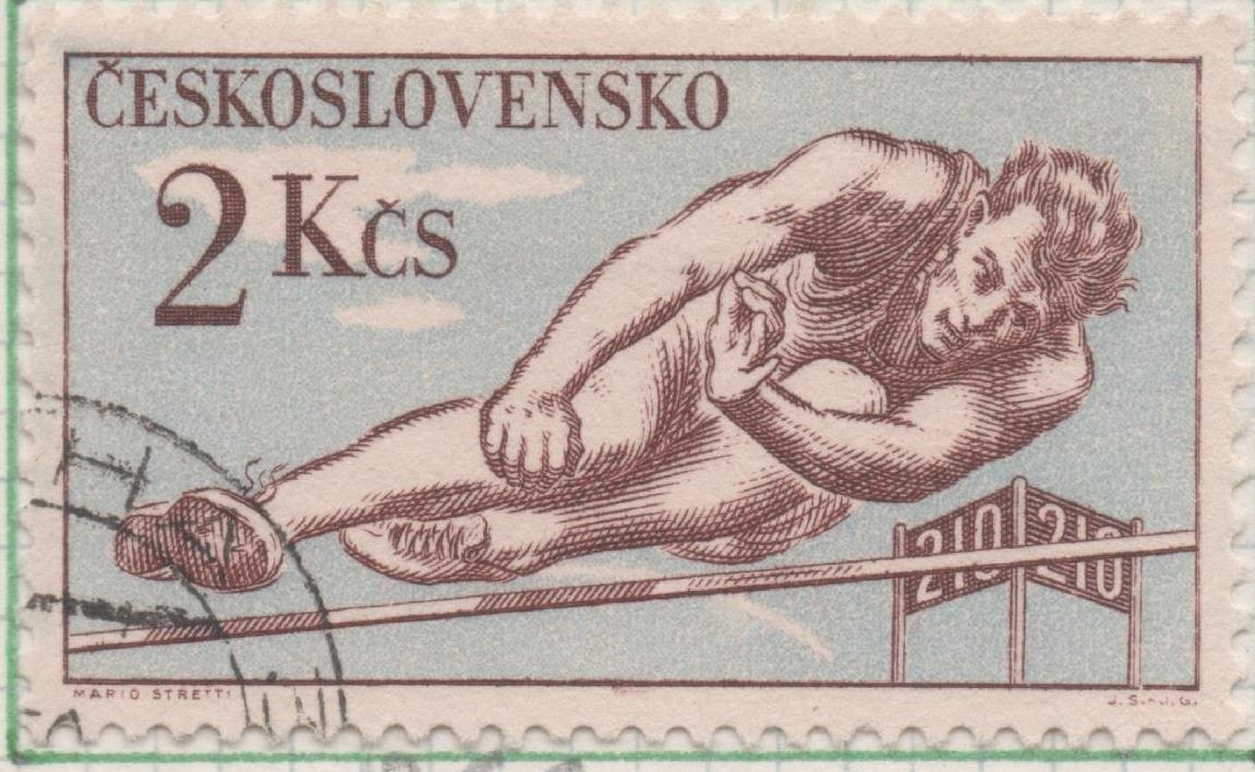 Sello E00866: hoja 58, Checoslovaquia: Sello Azul y marron dentado. Serie deportiva. Salto de pertiga, 2 Korny