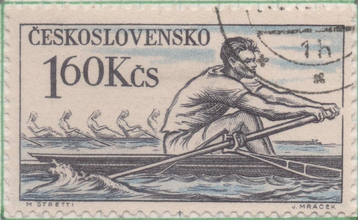 Sello E00865: hoja 58, Checoslovaquia: Sello Azul oscuro dentado. Serie deportiva. Remo, 1,60 Koruna