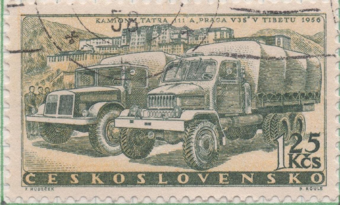 Sello E00860: hoja 58, Checoslovaquia: Sello Verde grisaceo dentado. Industria del Automovil. Camión Tatra 111 y Praga VS3, 1,25 Koruna