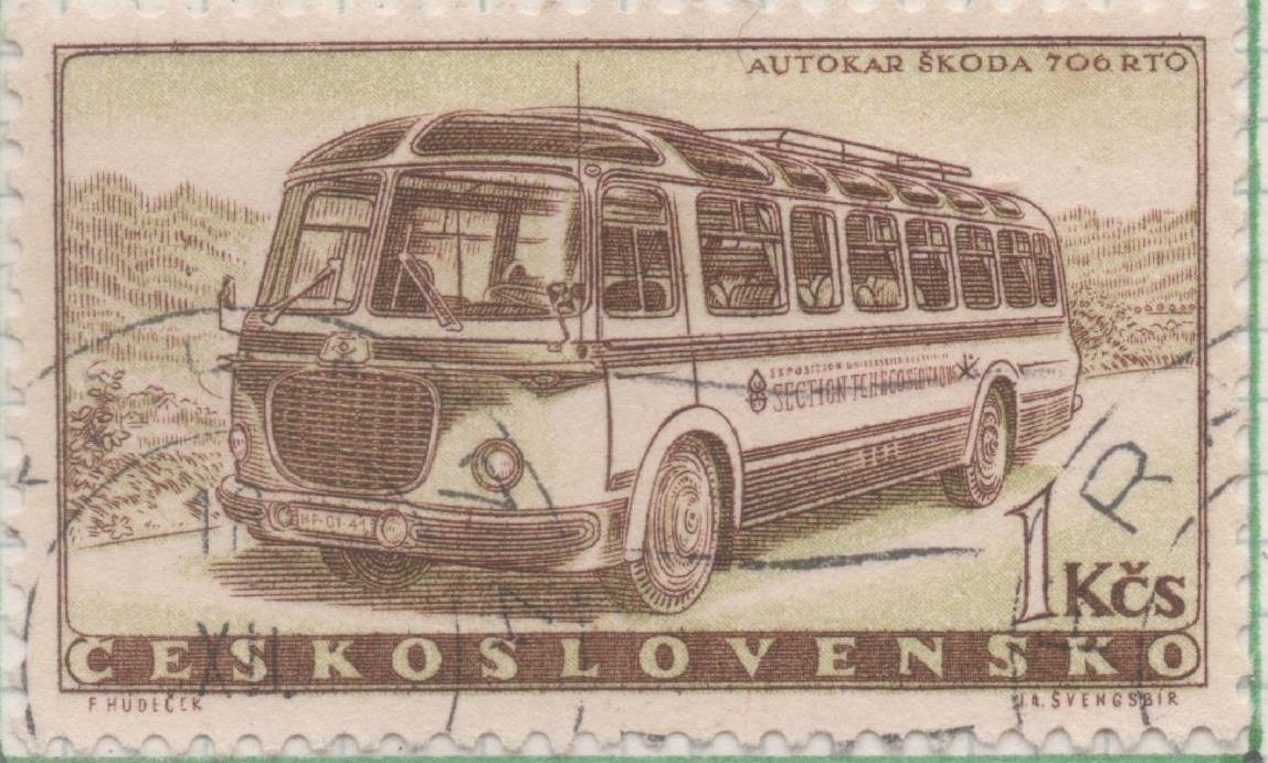 Sello E00859: hoja 58, Checoslovaquia: Sello Marron claro dentado. Industria del Automovil. Autobus Škoda 706 RTO, 1 Koruna