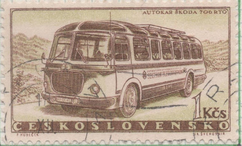 Sello E00859: hoja 58, Checoslovaquia: Sello Marron claro dentado. Industria del Automovil. Autobus Škoda 706 RTO, 1 Koruna