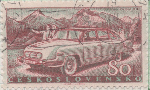 Sello E00858: hoja 58, Checoslovaquia: Sello Azul y rojo dentado. Industria del Automovil. Tatra 603, 80 Haleru