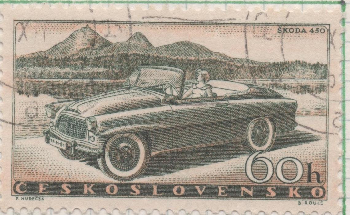 Sello E00857: hoja 58, Checoslovaquia: Sello Azul grisaceo dentado. Industria del Automovil. Škoda 450, 60 Haleru