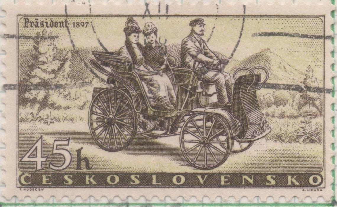 Sello E00856: hoja 58, Checoslovaquia: Sello Marron oscuro dentado. Industria del Automovil. President, Kopřivnice, 45 Haleru