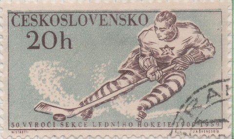 Sello E00861: hoja 58, Checoslovaquia: Sello Azul claro y marron dentado. Serie deportiva. Hockey sobre hielo, 20 haleru