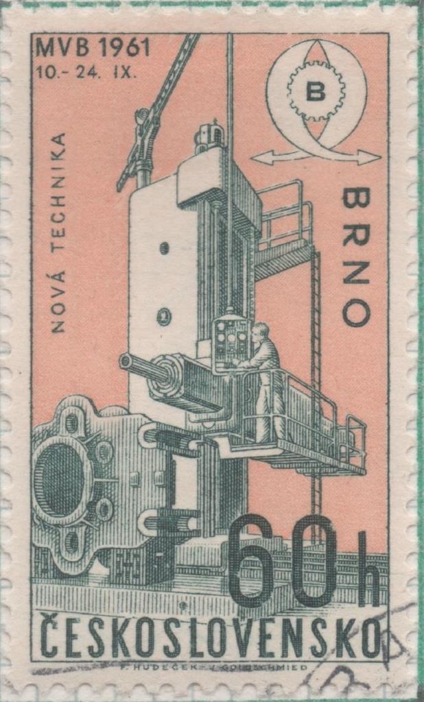 Sello E01040: hoja 69, Checoslovaquia: Sello Verdey naranja dentado. Feria Industrial de Brno. Emblema de feria y mandrinadora horizontal WD200, 60 Haleru