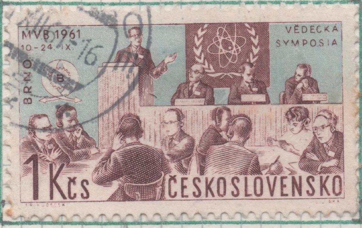 Sello E01039, hoja 69, Checoslovaquia: Sello Azul y rojo oscuro dentado. Feria Industrial de Brno. Cintificos y EmblemaFísica Nuclear, 1 Koruna